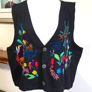 VTG Chico's Embroidered Cotton Vest Womens XL Boho Handwoven Colorful Jungle